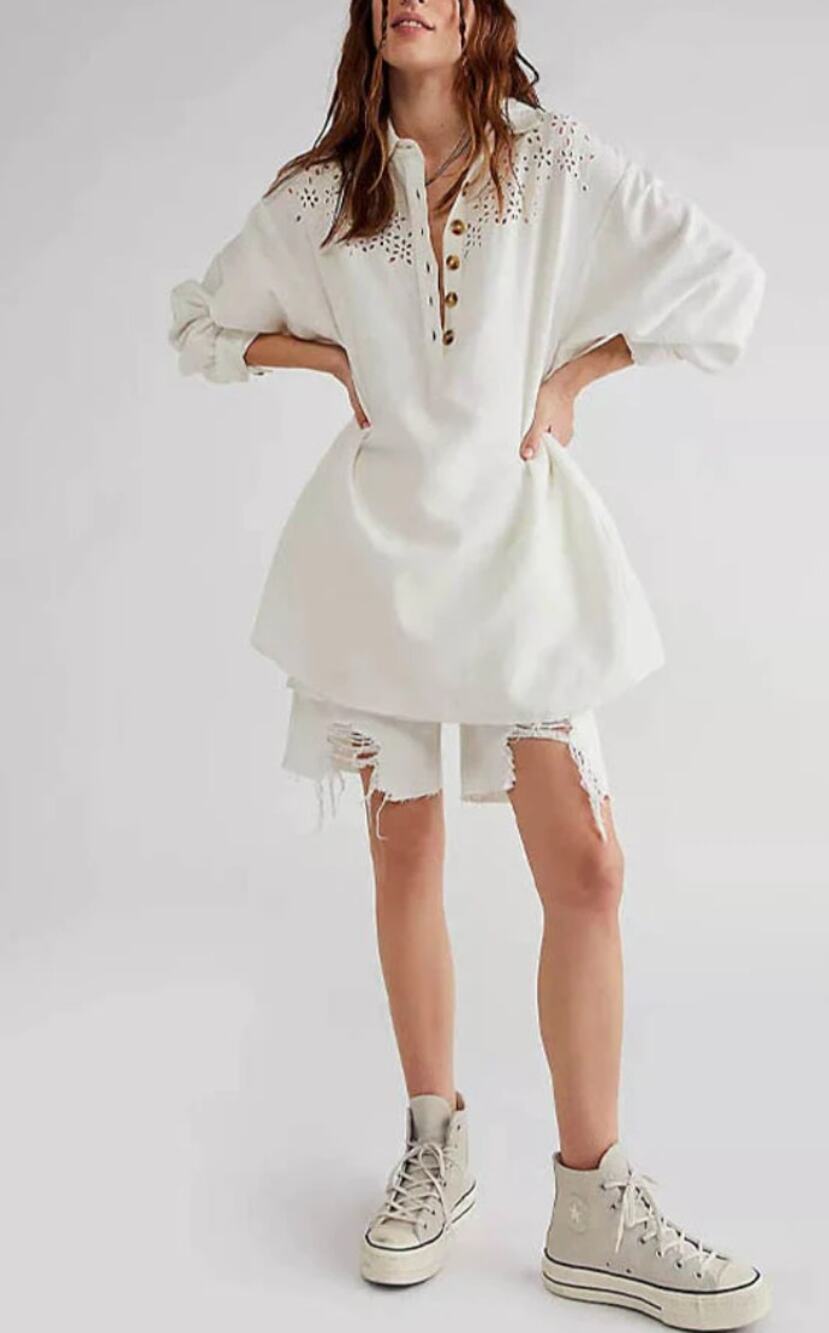 Free People Vera White Linen Blend Eyelet Shirtdress Dress Tunic Top Medium NWT